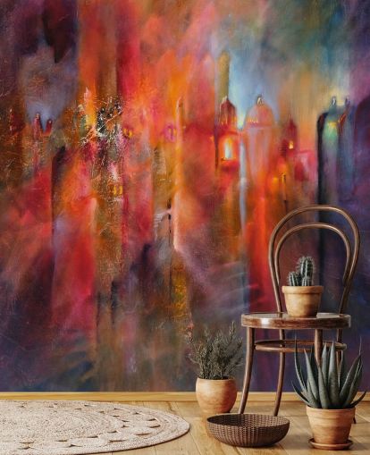 papel pintado de ciudad brumosa rosa, rojo y morado