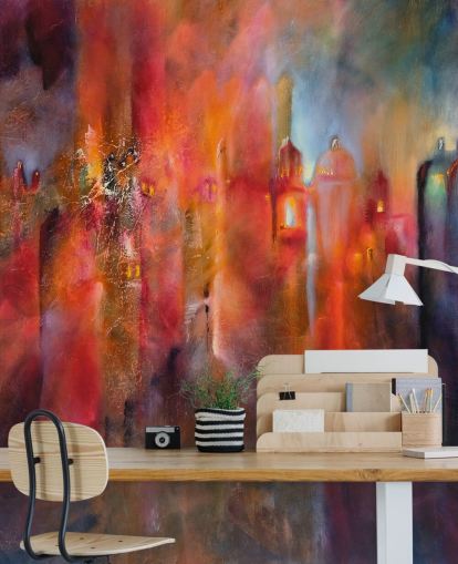 papel pintado de ciudad brumosa rosa, rojo y morado