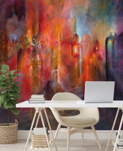 papel pintado de ciudad brumosa rosa, rojo y morado