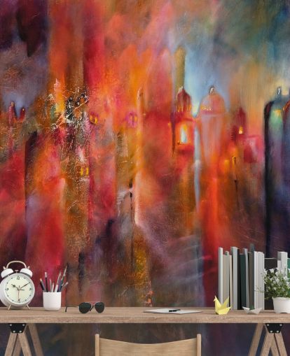 papel pintado de ciudad brumosa rosa, rojo y morado