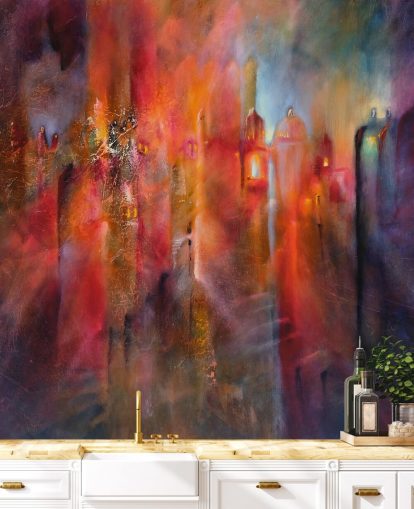 pink, red and purple misty town wallpaper