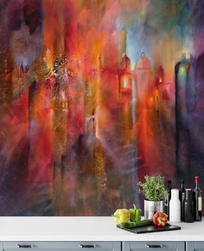 papel pintado de ciudad brumosa rosa, rojo y morado