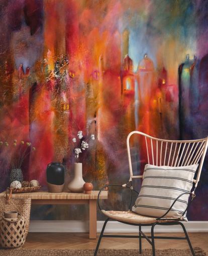 papel pintado de ciudad brumosa rosa, rojo y morado