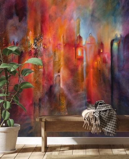 papel pintado de ciudad brumosa rosa, rojo y morado