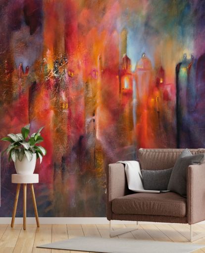 papel pintado de ciudad brumosa rosa, rojo y morado