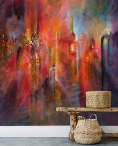 papel pintado de ciudad brumosa rosa, rojo y morado