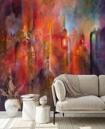 papel pintado de ciudad brumosa rosa, rojo y morado