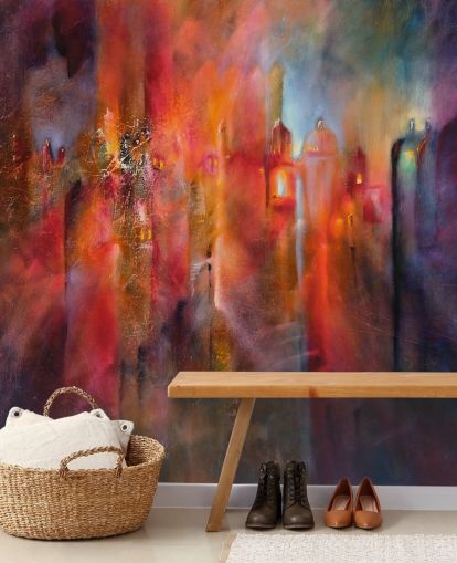 roze, rood en paars mistig stadsbehang