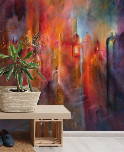 roze, rood en paars mistig stadsbehang