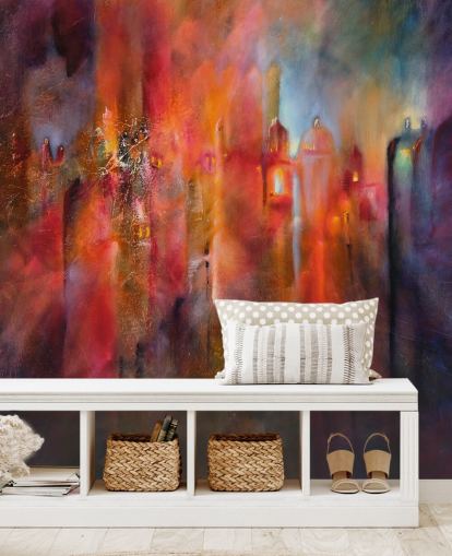 papel pintado de ciudad brumosa rosa, rojo y morado