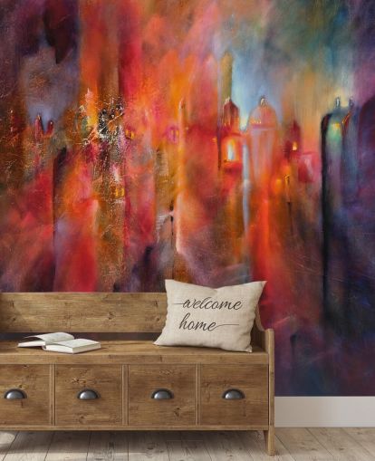 papier peint ville brumeuse rose, rouge et violet