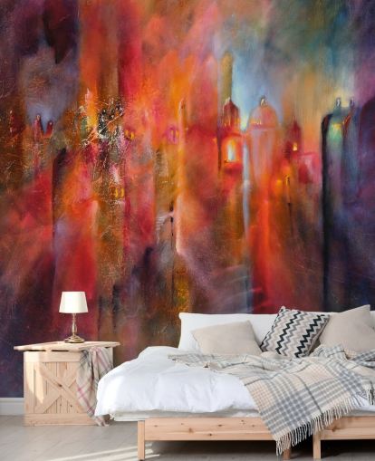 roze, rood en paars mistig stadsbehang