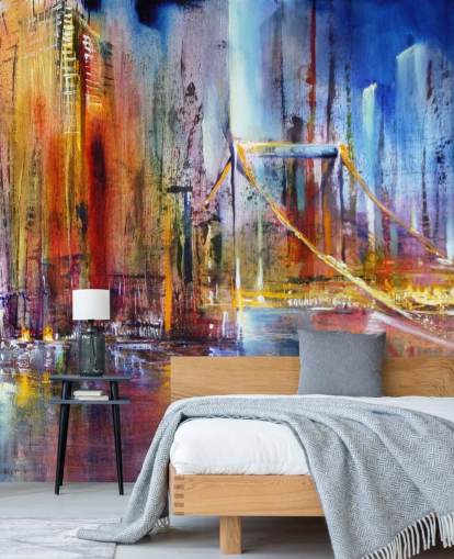 abstract and colourful painting of a city wall mural