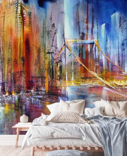 abstract and colourful painting of a city wall mural