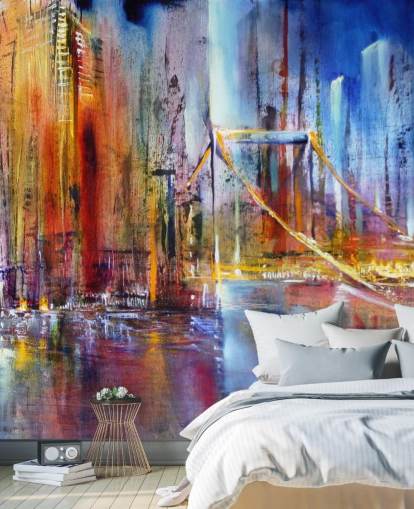 abstract en kleurrijk schilderij van een muurschildering van de stad