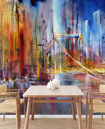 abstract and colourful painting of a city wall mural