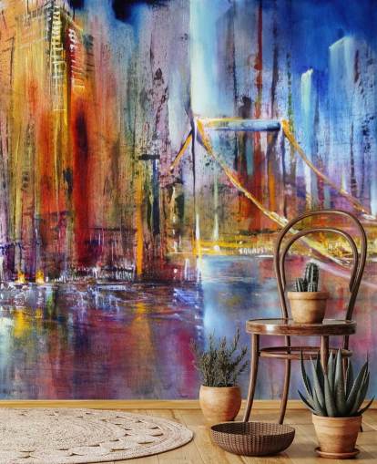 abstract and colourful painting of a city wall mural