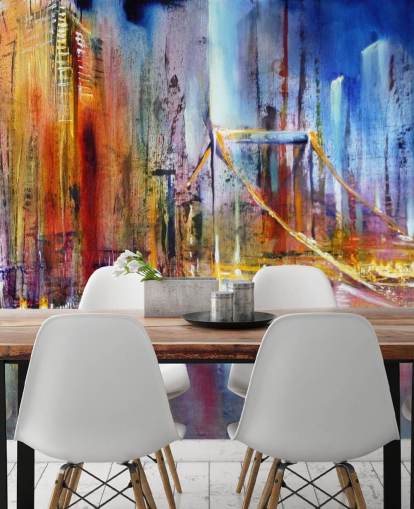 abstract and colourful painting of a city wall mural