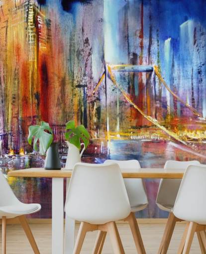 abstract and colourful painting of a city wall mural