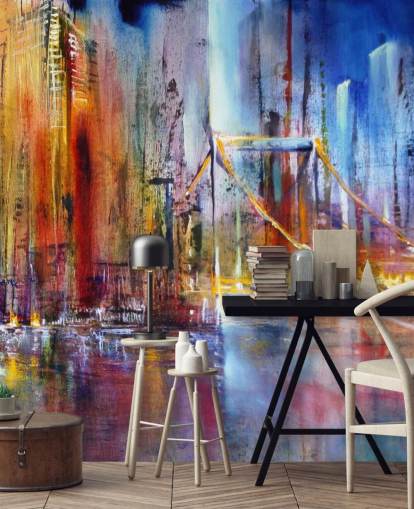 abstract and colourful painting of a city wall mural