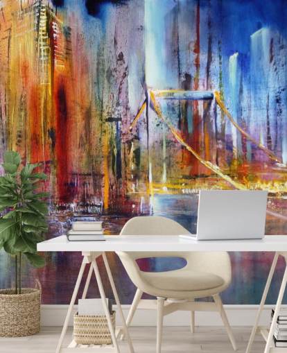 abstraktes und farbenfrohes Gemälde einer Stadtmauer