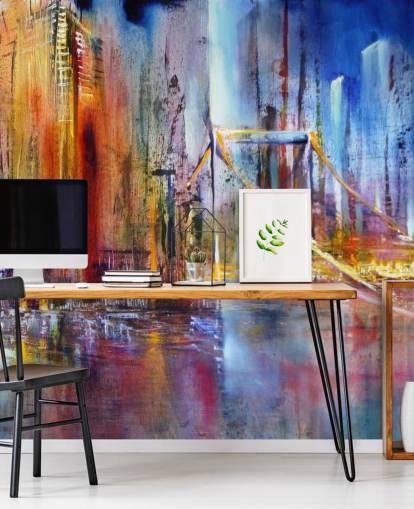 abstract and colourful painting of a city wall mural