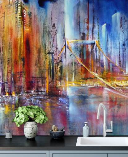 abstract en kleurrijk schilderij van een muurschildering van de stad abstract en kleurrijk schilderij van een muurschildering van de stad