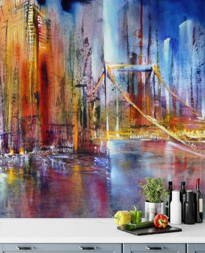 abstract en kleurrijk schilderij van een muurschildering van de stad abstract en kleurrijk schilderij van een muurschildering van de stad