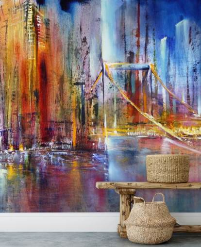 abstract en kleurrijk schilderij van een muurschildering van de stad abstract en kleurrijk schilderij van een muurschildering van de stad