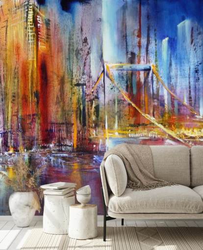 abstract and colourful painting of a city wall mural