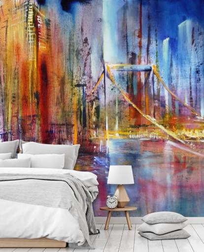 abstract and colourful painting of a city wall mural