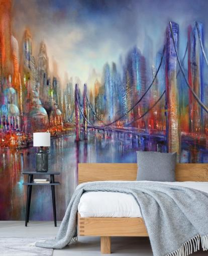 pintura abstracta roja y azul de un fondo de pantalla de ciudad y puente pintura abstracta roja y azul de un fondo de pantalla de ciudad y puente