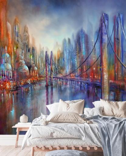 pintura abstrata vermelha e azul de um papel de parede da cidade e da ponte