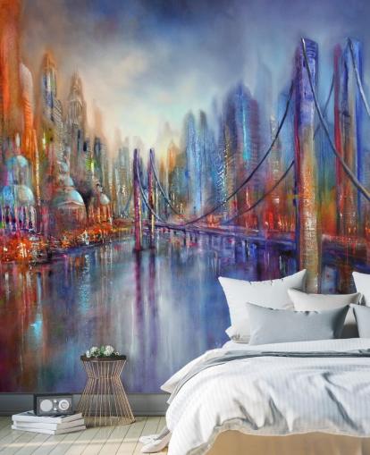 pittura astratta rossa e blu di una carta da parati città e ponte