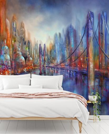 pintura abstrata vermelha e azul de um papel de parede da cidade e da ponte