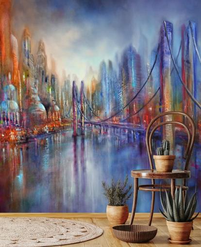 abstract red and blue painting of a city and bridge wallpaper