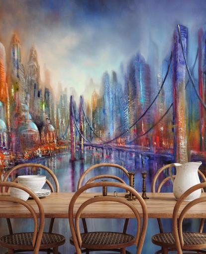 abstract red and blue painting of a city and bridge wallpaper