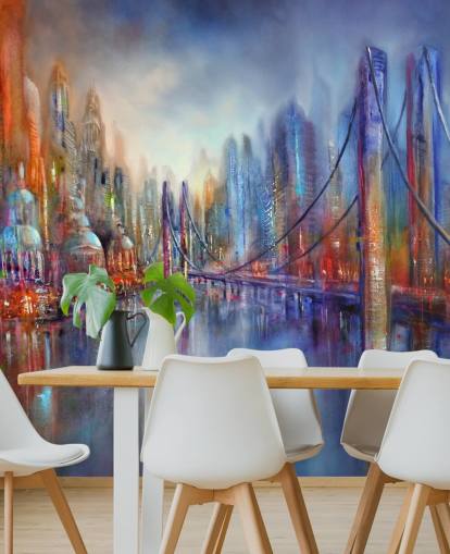 abstract red and blue painting of a city and bridge wallpaper