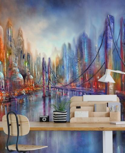 abstract red and blue painting of a city and bridge wallpaper