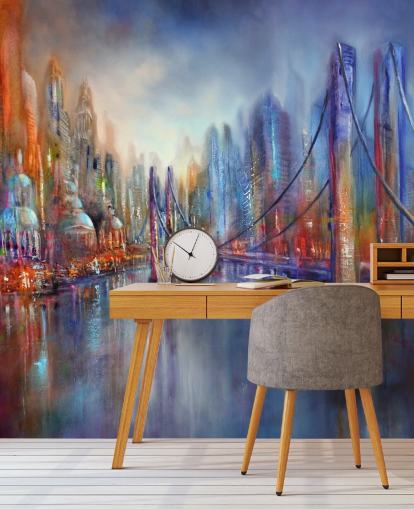 pintura abstracta roja y azul de un fondo de pantalla de ciudad y puente