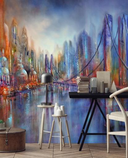 pintura abstrata vermelha e azul de um papel de parede da cidade e da ponte pintura abstrata vermelha e azul de um papel de parede da cidade e da ponte