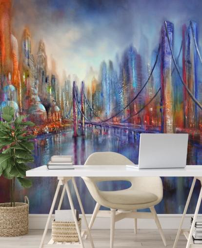 abstract red and blue painting of a city and bridge wallpaper