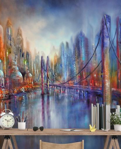 abstract red and blue painting of a city and bridge wallpaper