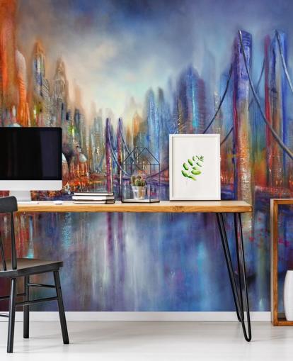 abstract red and blue painting of a city and bridge wallpaper