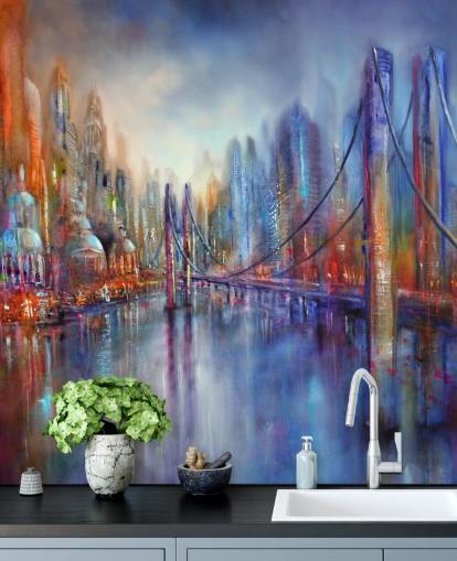 abstract red and blue painting of a city and bridge wallpaper