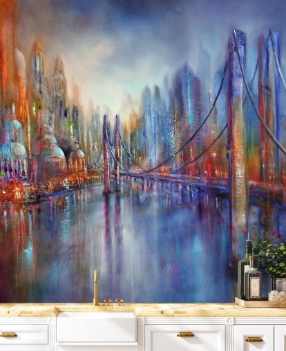 abstract rood en blauw schilderij van een stad en brugbehang