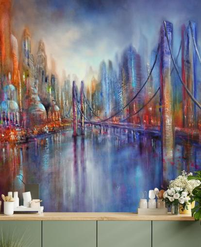 pittura astratta rossa e blu di una carta da parati città e ponte pittura astratta rossa e blu di una carta da parati città e ponte