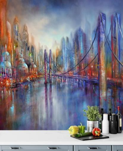 pintura abstracta roja y azul de un fondo de pantalla de ciudad y puente