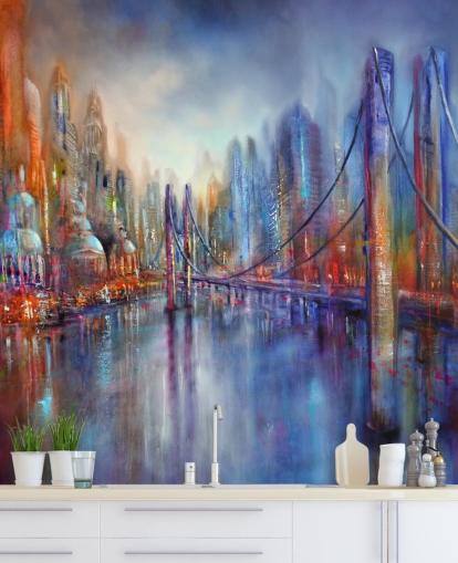 abstract rood en blauw schilderij van een stad en brugbehang