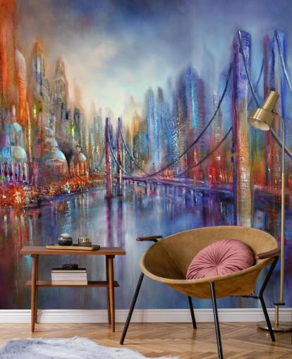 pintura abstrata vermelha e azul de um papel de parede da cidade e da ponte